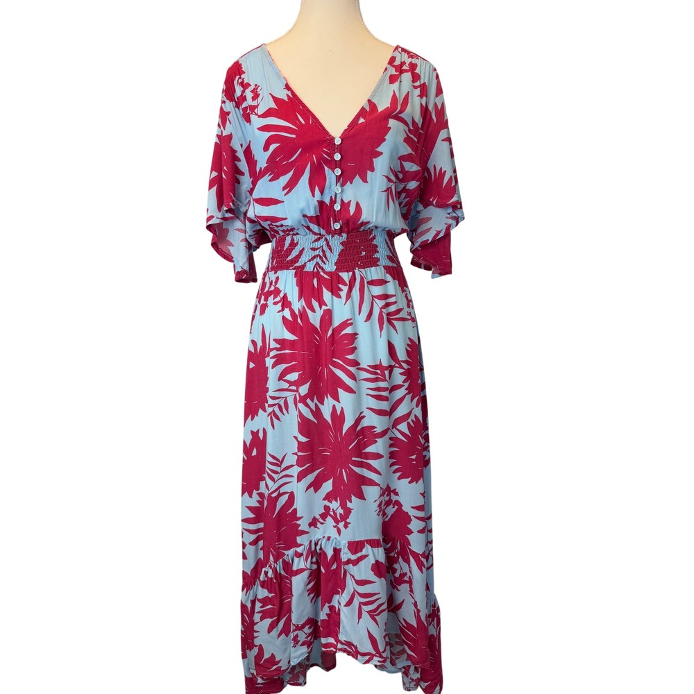 Abel the Label Blue Pink Floral Smocked High Low Maxi Dress Small Anthropologie